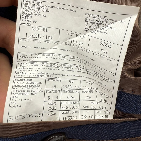 SUITSUPPLY Lazio Vitale Barberis Canonico Super 110s Wool Blue Blazer 46R - Picture 5 of 7